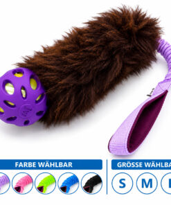 Sheepskin Tug mit Crackle Ball aus echtem Schaffell mit Bungee-Handschlaufe